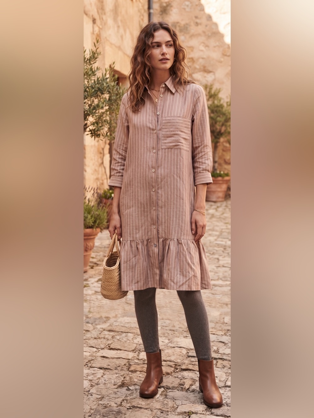Striped Button-Front Shirt Dress in Mauve